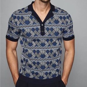 Reiss Navy and White Geometric cuban Collar Polo Size Small